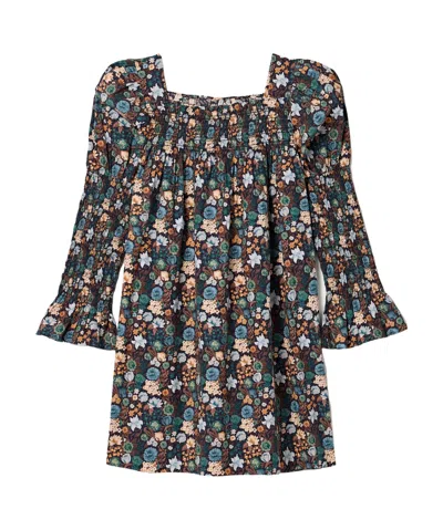Doen Sabia Shirred Floral-print Organic Cotton-poplin Mini Dress In Blue