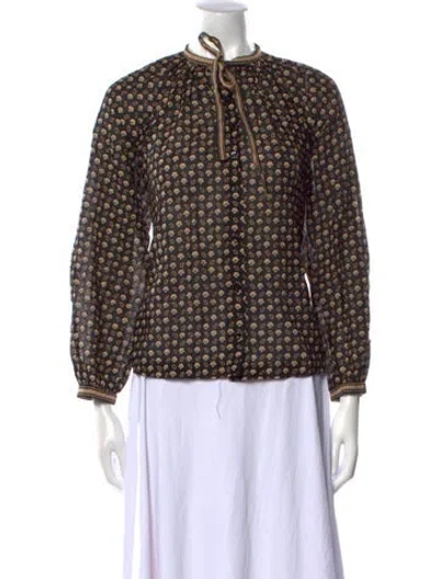Pre-owned Doen Printed Mock Neck Blouse In Blue