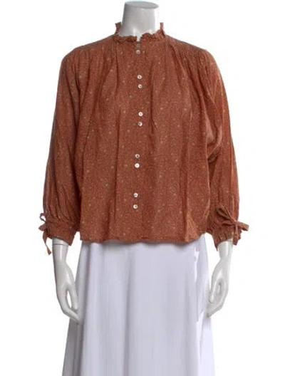 Pre-owned Doen Printed Three-quarter Sleeve Blouse In Brown