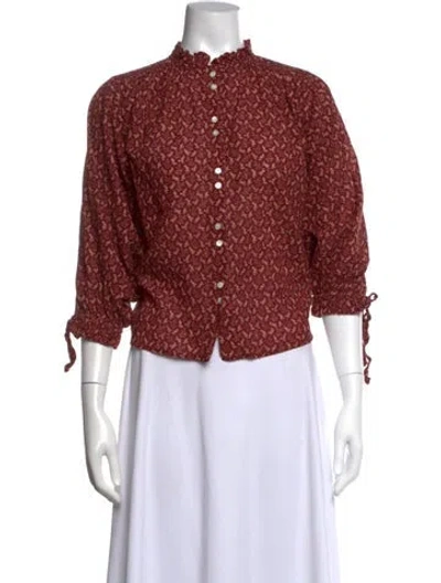Pre-owned Doen Printed Three-quarter Sleeve Blouse In Burgundy