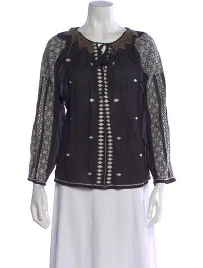 Pre-owned Doen Printed Tie Neck Blouse In Black