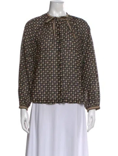 Pre-owned Doen Printed Tie Neck Blouse In Blue