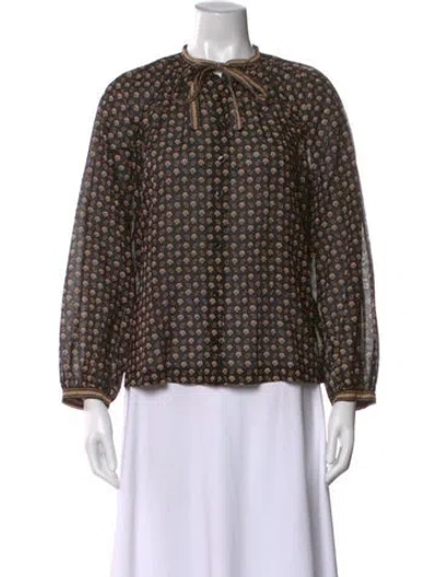 Pre-owned Doen Printed Tie Neck Blouse In Blue