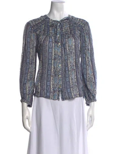 Pre-owned Doen Printed Tie Neck Blouse In Blue