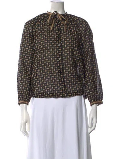 Pre-owned Doen Printed Tie Neck Blouse In Blue