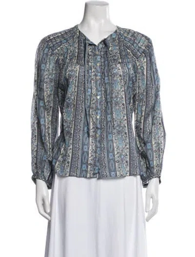 Pre-owned Doen Printed Tie Neck Blouse In Blue