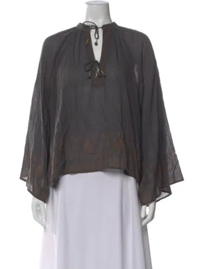 Pre-owned Doen Printed Tie Neck Blouse In Gray