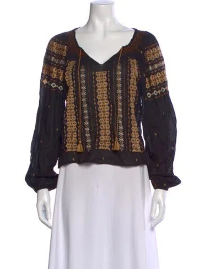 Pre-owned Doen Printed V-neck Blouse In Black