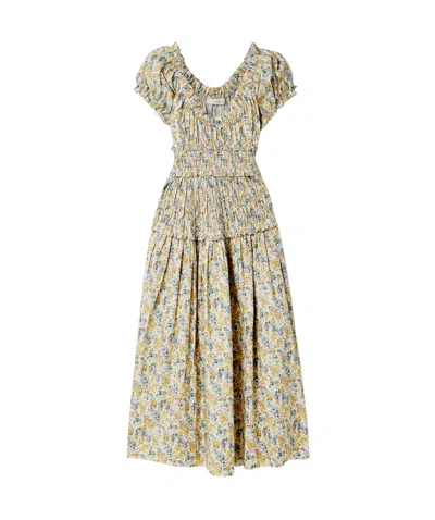 Doen Leanne Shirred Floral-print Cotton-voile Midi Dress In Yellow