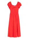 Doen Quinn Tie-detailed Shirred Organic Cotton-poplin Midi Dress In Red