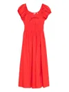 Doen Quinn Tie-detailed Shirred Organic Cotton-poplin Midi Dress In Red