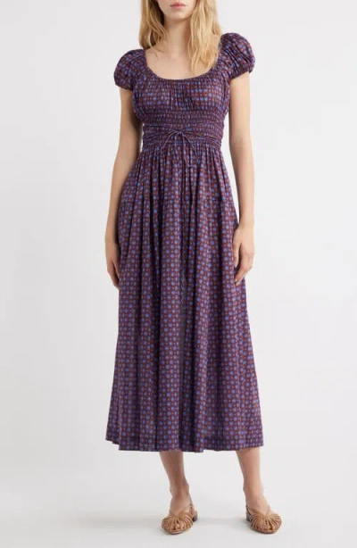 Doen Dôen Quinelle Smocked Organic Cotton Midi Dress In Menorca Foulard
