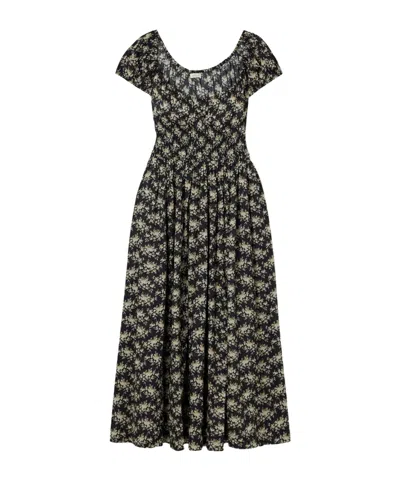 Doen Quinley Shirred Floral-print Organic Cotton-voile Midi Dress In Multi