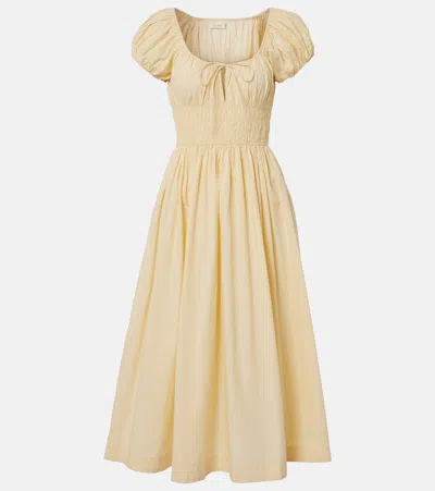 Doen Quinn Smocked Organic Cotton-poplin Midi Dress In Yellow