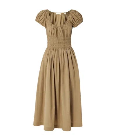 Doen Quinn Tie-detailed Shirred Cotton-poplin Midi Dress In Neutral