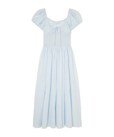 Doen Quinn Tie-detailed Shirred Organic Cotton-poplin Midi Dress In Blue