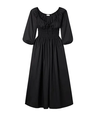 Doen Quintessa Tie-detailed Shirred Organic Cotton-poplin Midi Dress In Black