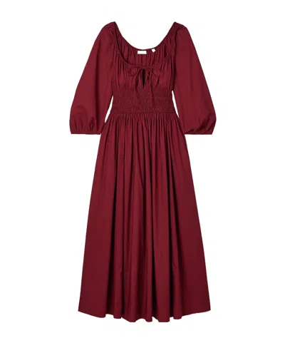 Doen Quintessa Tie-detailed Shirred Organic Cotton-poplin Midi Dress In Burgundy