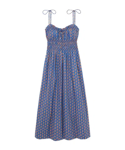Doen Rhoda Shirred Paisley-print Organic Cotton-poplin Midi Dress In Blue
