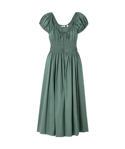 Doen Quinn Tie-detailed Shirred Organic Cotton-poplin Midi Dress In Green