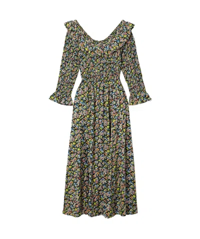 Doen Rosenda Ruffled Shirred Floral-print Organic Cotton-blend Voile Midi Dress In Green