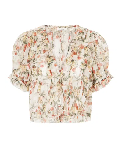 Doen Ruffled Floral-print Silk-georgette Blouse In Brown