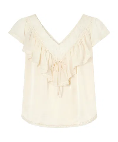 Doen Ruffled Lace-trimmed Silk Blouse In Neutral