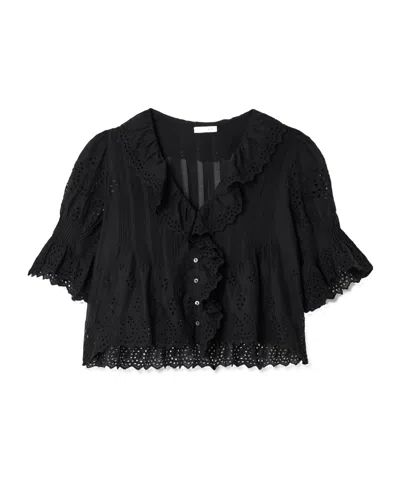 Doen Henri Cropped Ruffled Pintucked Broderie Anglaise Cotton Top In Black
