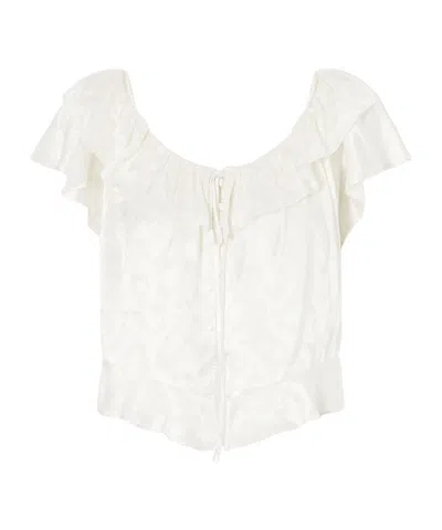 Doen Ruffled Satin-jacquard Blouse In White