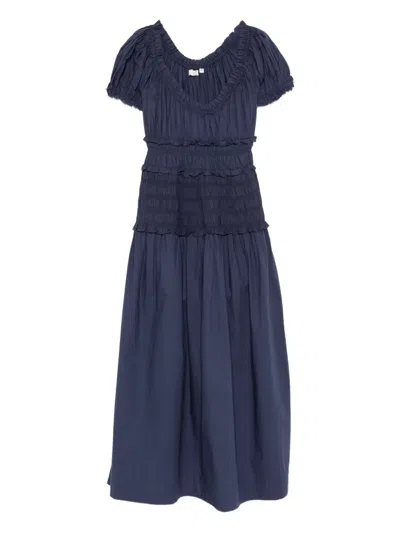 Doen Ruffled Scoop-neck Dress In Blue