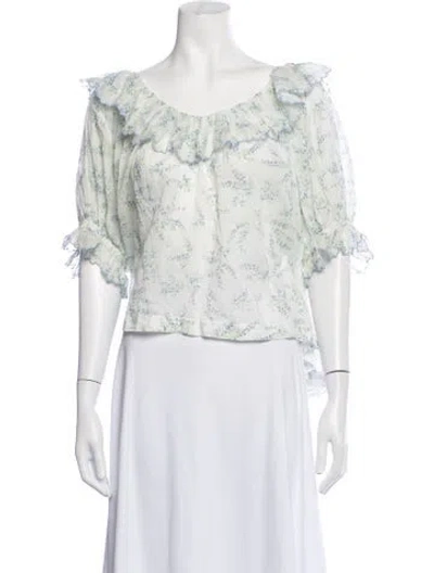 Pre-owned Doen Samara Blanc Bluebell Floral Print Blouse In White