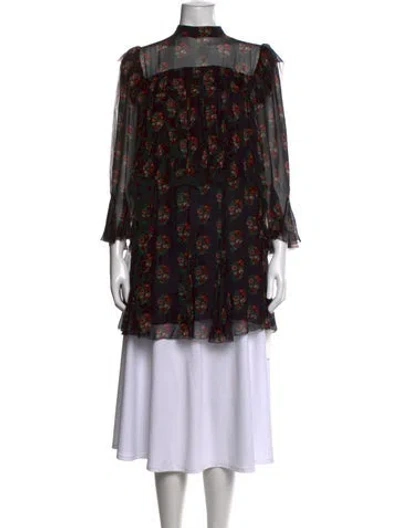 Pre-owned Doen Silk Floral Print Blouse In Black