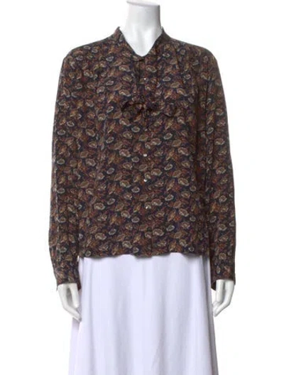 Pre-owned Doen Silk Floral Print Blouse In Blue
