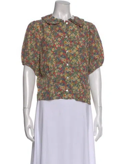 Pre-owned Doen Silk Floral Print Blouse In Green