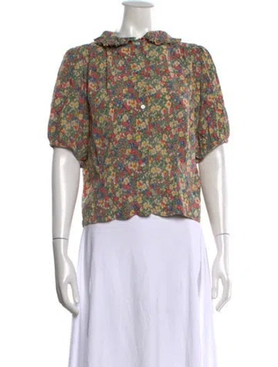 Pre-owned Doen Silk Floral Print Blouse In Green