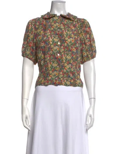Pre-owned Doen Silk Floral Print Blouse In Green