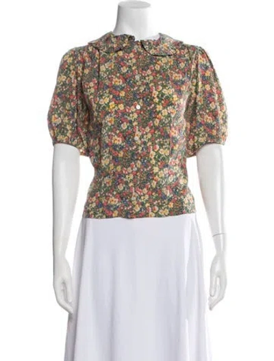 Pre-owned Doen Silk Floral Print Blouse In White