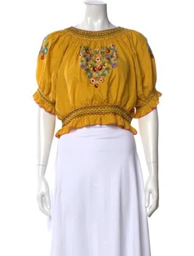 Pre-owned Doen Silk Floral Print Blouse In Yellow