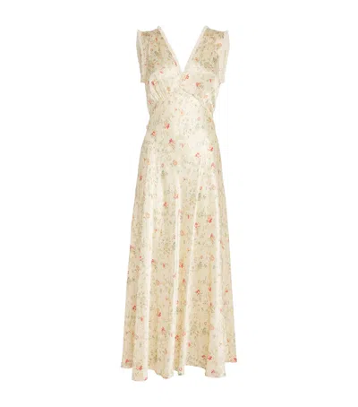 doen tahlia silk dress Tahlia lace-trimmed floral-print silk-charmeuse midi dress - blue