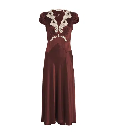 Doen Coraline Corded Lace-trimmed Silk-satin Midi Dress In Brown