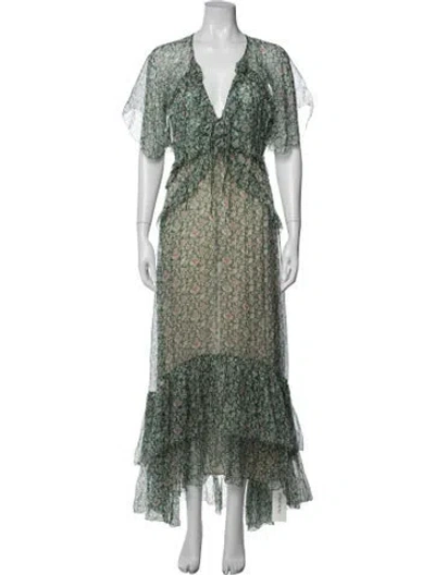 Pre-owned Doen Silk Long Dress In Green/neutrals/purple