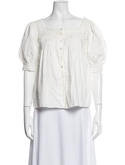 Pre-owned Doen Square Neckline Short Sleeve Blouse In White