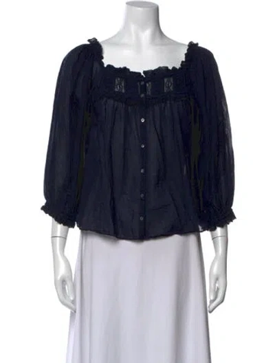 Pre-owned Doen Square Neckline Three-quarter Sleeve Blouse In Blue