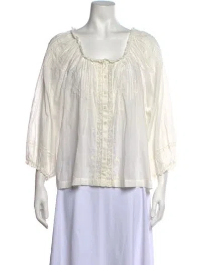 Pre-owned Doen Square Neckline Three-quarter Sleeve Blouse In White