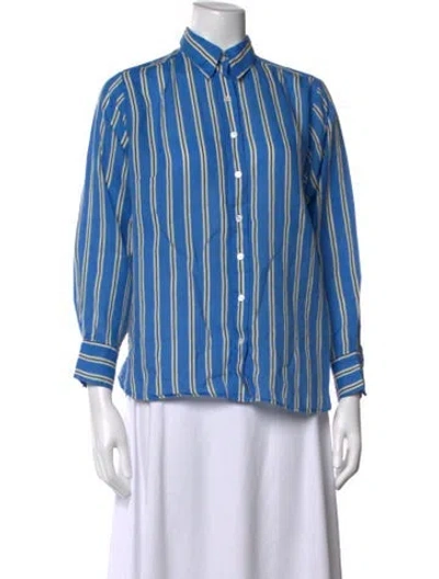 Pre-owned Doen Striped Long Sleeve Blouse In Blue
