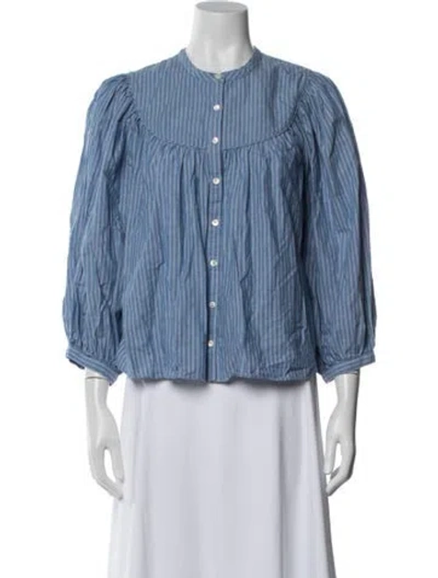 Pre-owned Doen Striped Three-quarter Sleeve Blouse In Blue