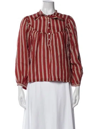 Pre-owned Doen Striped Tie Neck Blouse In Red