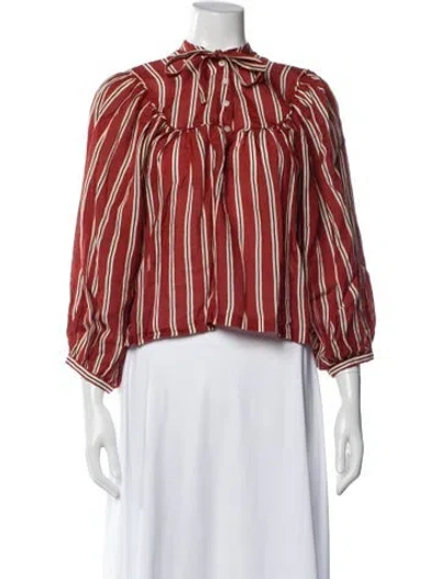 Pre-owned Doen Striped Tie Neck Blouse In Red