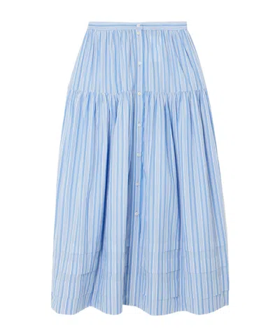 Doen Marceline Tiered Striped Organic Cotton Midi Skirt In Blue