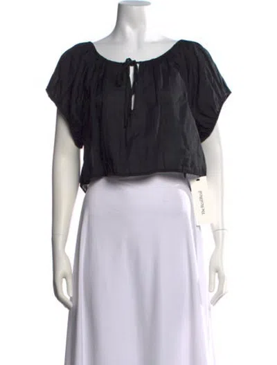 Pre-owned Doen Tie Neck Short Sleeve Blouse In Black